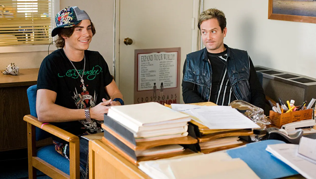 Zac Efron and Burr Steers in 17 Again movie scene. Comedy film directed by Burr Steers.