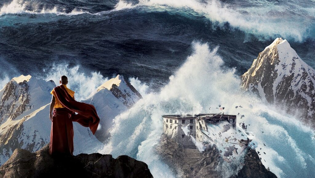 2012 — Roland Emmerich 2012 movie scene. Monk watches tsunami waves crash into mountains and destroy buildings. Roland Emmerich film disaster.