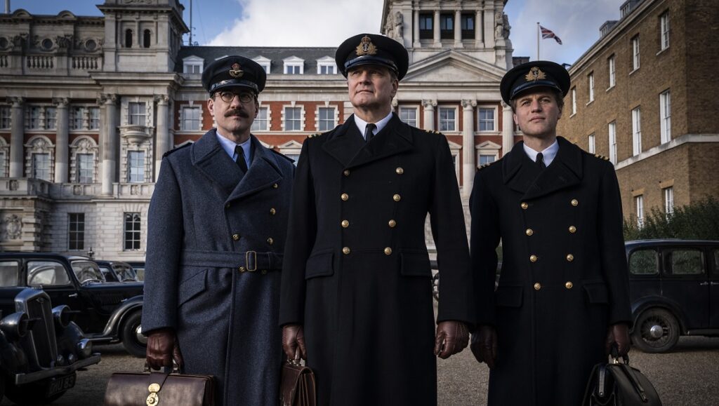 Operation Mincemeat: Colin Firth as Ewen Montagu with cast in WWII uniform. Spy drama film.