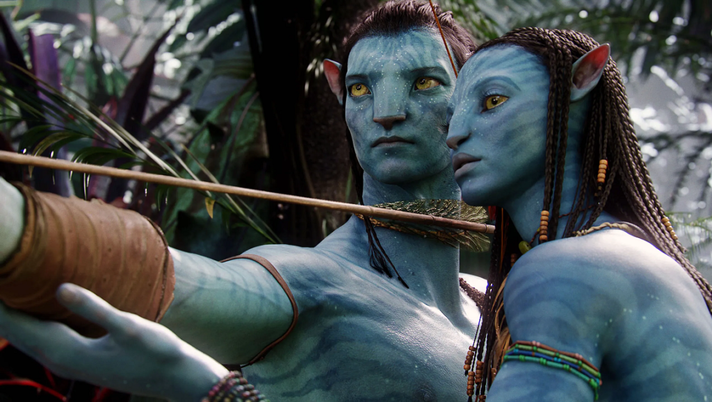 Avatar movie scene. Neytiri and Jake, blue Na'vi characters, aiming a bow and arrow.