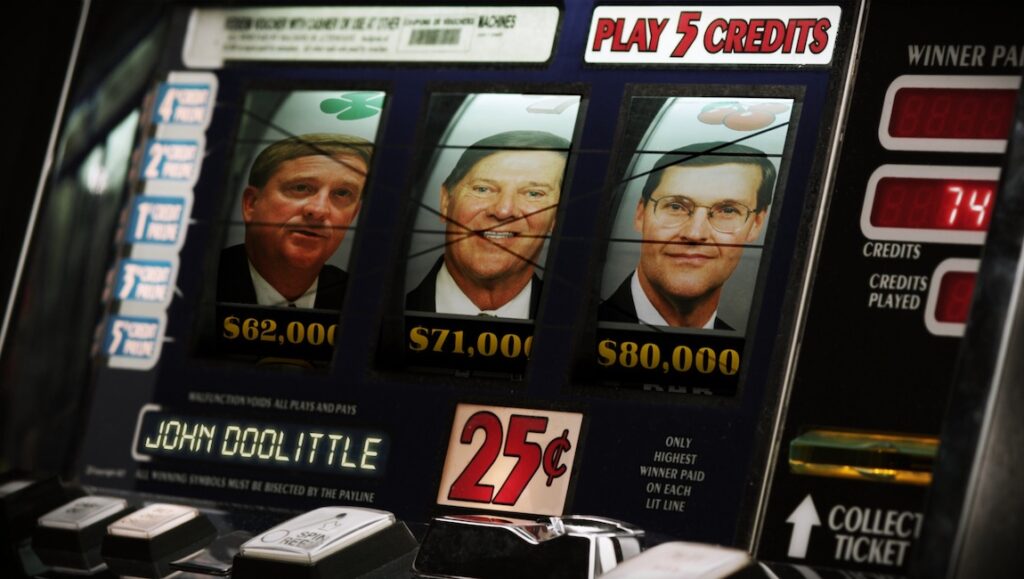 Casino Jack and the United States of Money — Alex Gibney Casino Jack movie image: Slot machine with politicians' faces. Gambling and corruption concept. Alex Gibney documentary.