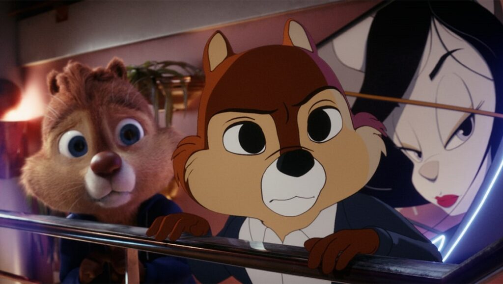 Chip 'n Dale: Rescue Rangers movie still. Chip, Dale, and a white cat character.