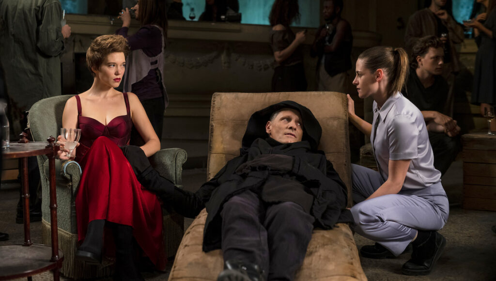 Still from Crimes of the Future at Cannes Film Festival. Léa Seydoux, Viggo Mortensen, Kristen Stewart.