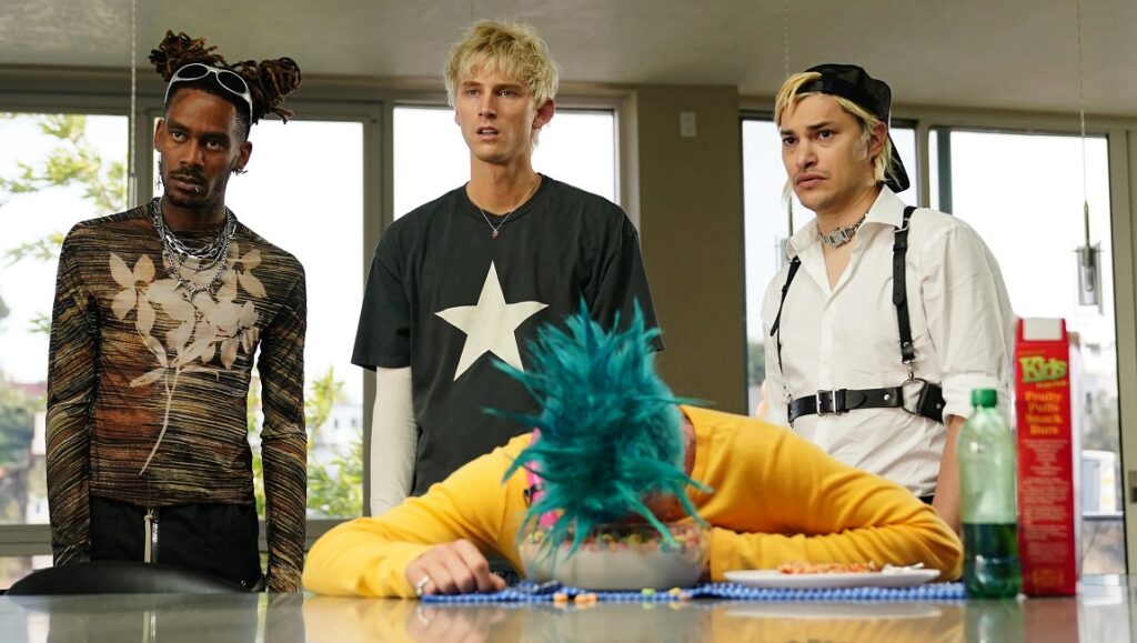 Good Mourning — Machine Gun Kelly & Mod Sun Good Mourning movie scene with Machine Gun Kelly, Mod Sun, and cast. Comedy film.