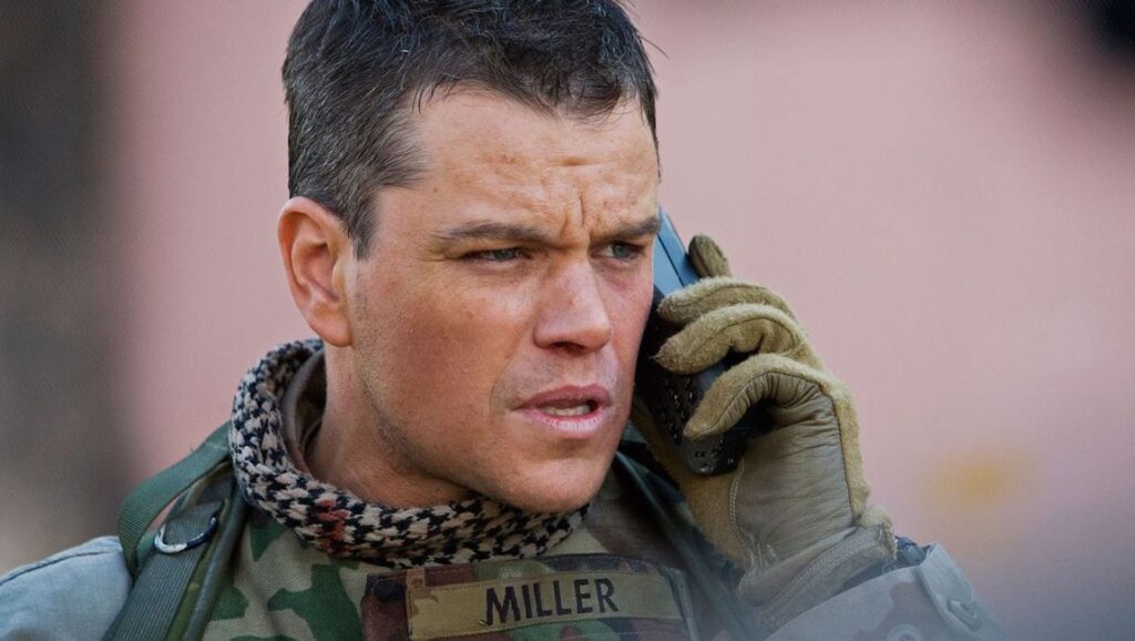 Green Zone — Paul Greengrass Matt Damon as Miller in Green Zone movie. Soldier talking on the phone.