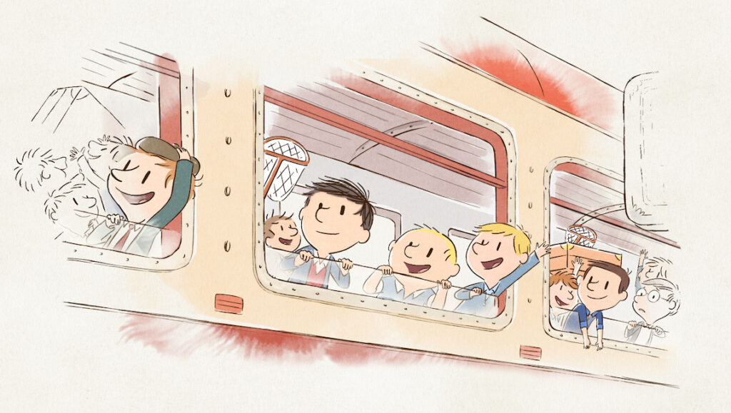 Little Nicholas — Happy as Can Be — Amandine Fredon and Benhamin Massoubre Little Nicholas film still. Animated kids on a train, waving from windows. Cannes Film Festival 2022 coverage.