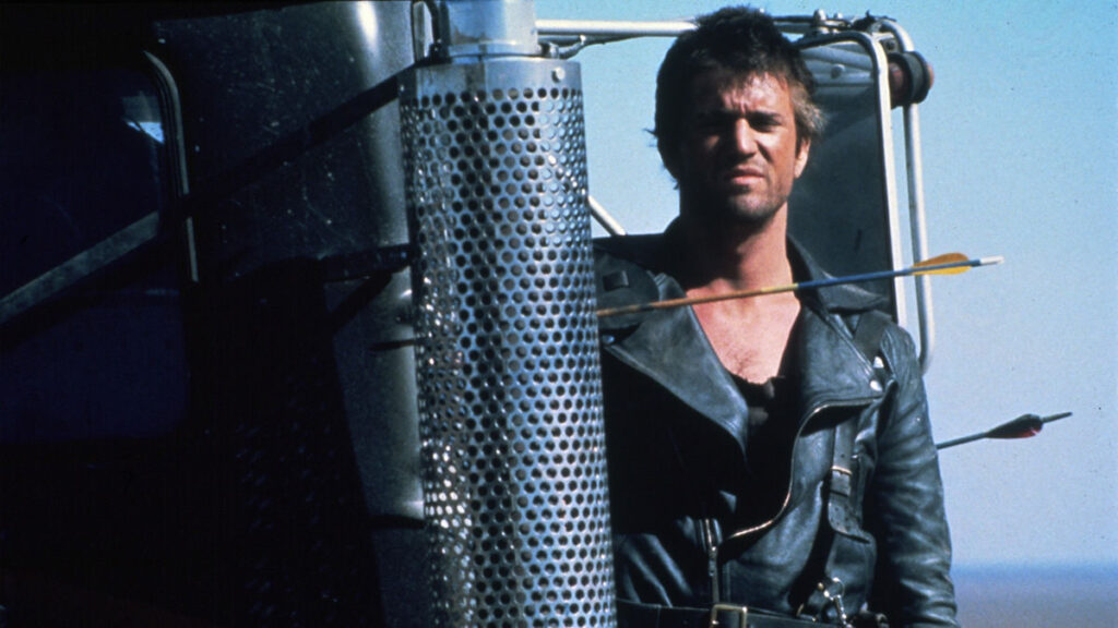 Mel Gibson as Max Rockatansky in Mad Max 2: The Road Warrior. Post-apocalyptic action film.