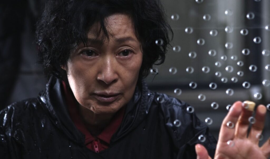 Close-up of actress Kim Hye-ja in the movie Mother, looking worried behind a glass wall. Korean cinema.