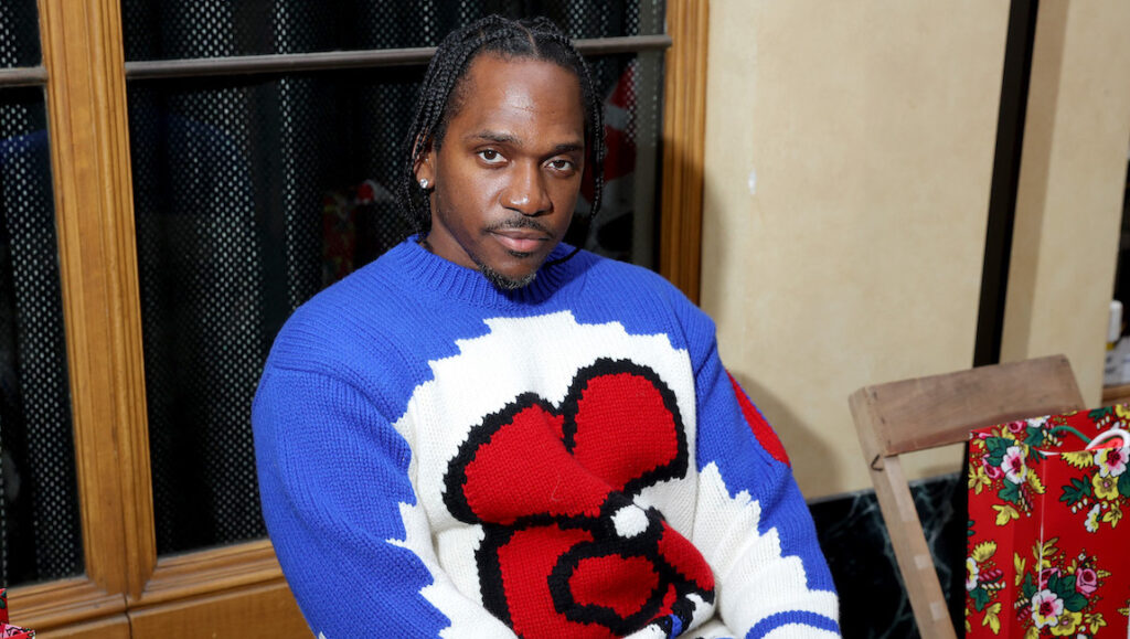 Pusha T — It’s Almost Dry Pusha T, April 2022 album roundup. Rapper in a blue, white, and red sweater. Yung Lean, Wet Leg album review.