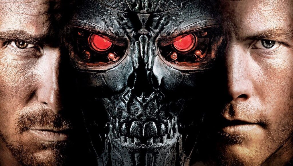 Terminator Salvation movie poster. Christian Bale and Sam Worthington with Terminator skull.