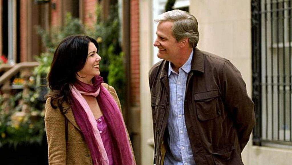 Lauren Graham and Jeff Daniels in The Answer Man movie. Romantic comedy film scene.
