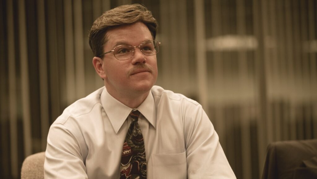 Matt Damon as Mark Whitacre in The Informant!. Soderbergh film. Comedy crime movie.