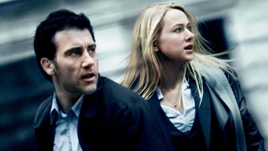 Clive Owen and Naomi Watts in The International, a thriller film. Actors look concerned.