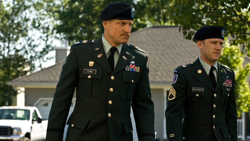 Woody Harrelson and Ben Foster in The Messenger movie. Military drama film scene. Soldiers in uniform.