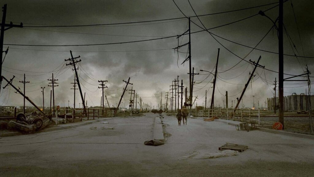 The Road movie scene: post-apocalyptic landscape, broken power lines, and two figures walking.