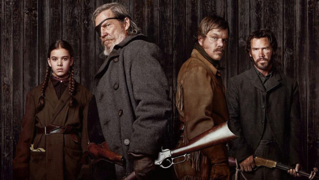 True Grit movie poster. Jeff Bridges, Matt Damon, Hailee Steinfeld, and Josh Brolin in a Western film.