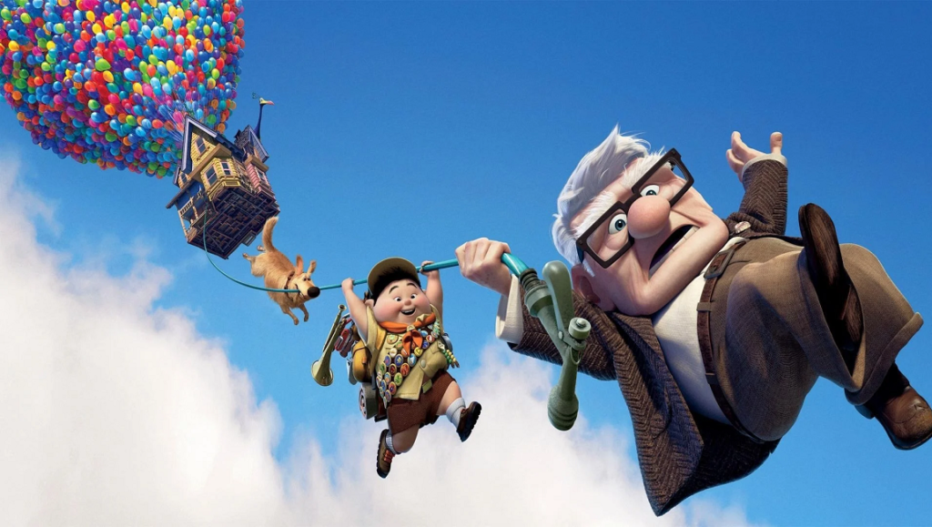 Up movie scene: Carl, Russell, and Dug flying with a house held up by balloons.
