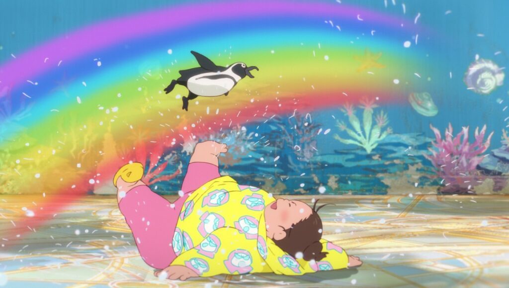 Fortune Favors Lady Nikuko — Ayumu Watanabe Fortune Favors Lady Nikuko still: Kikuko in pajamas lies near a rainbow, a penguin flies above.