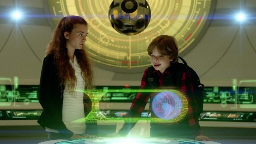 Timescape film still. Two children in a futuristic setting with a holographic display. Fantasia Film Festival 2022.