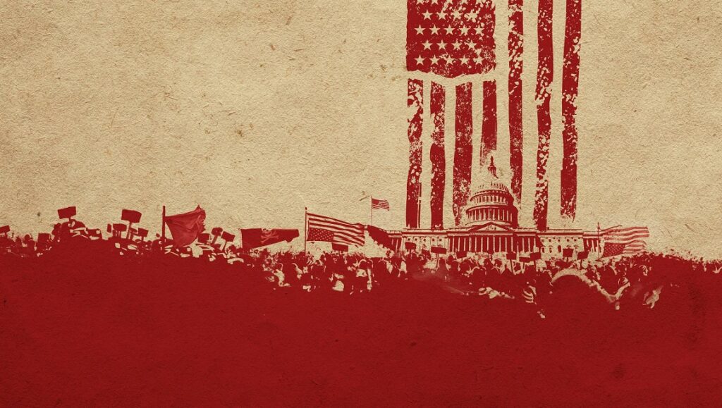 January 6th Capitol Riot illustration. American flag, US Capitol Building, and crowd of protestors.