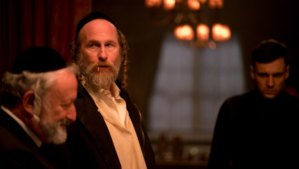 The Offering movie scene. Men in traditional Jewish attire. Horror film.