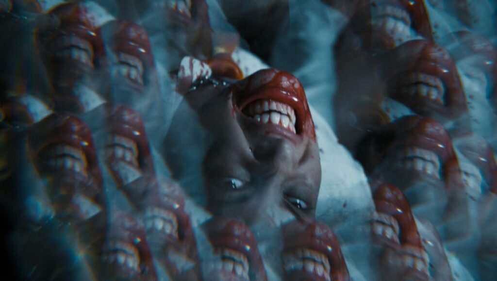Surreal horror image. Woman's face with multiple distorted, bloody mouths. Disturbing, creepy, and unsettling.