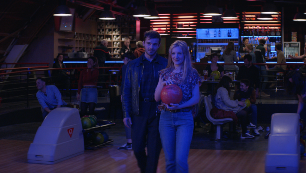 Three Nights a Week movie scene. Couple bowling at Saturn Bowling alley. Florent Gouëlou film.
