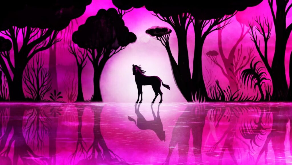 Unicorn Wars — Alberto Vásquez Unicorn Wars film still: silhouetted unicorn and trees reflected in pink water.