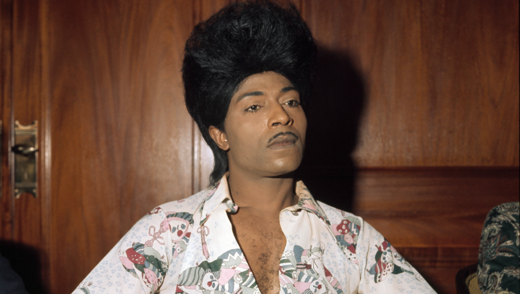 Little Richard, DOC NYC 2023 film festival. Portrait of the musician with a high pompadour hairstyle and patterned shirt.