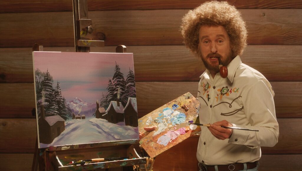 Paint — Brit Mcadams Owen Wilson as Bob Ross. Painting on canvas with easel. Winter landscape art.