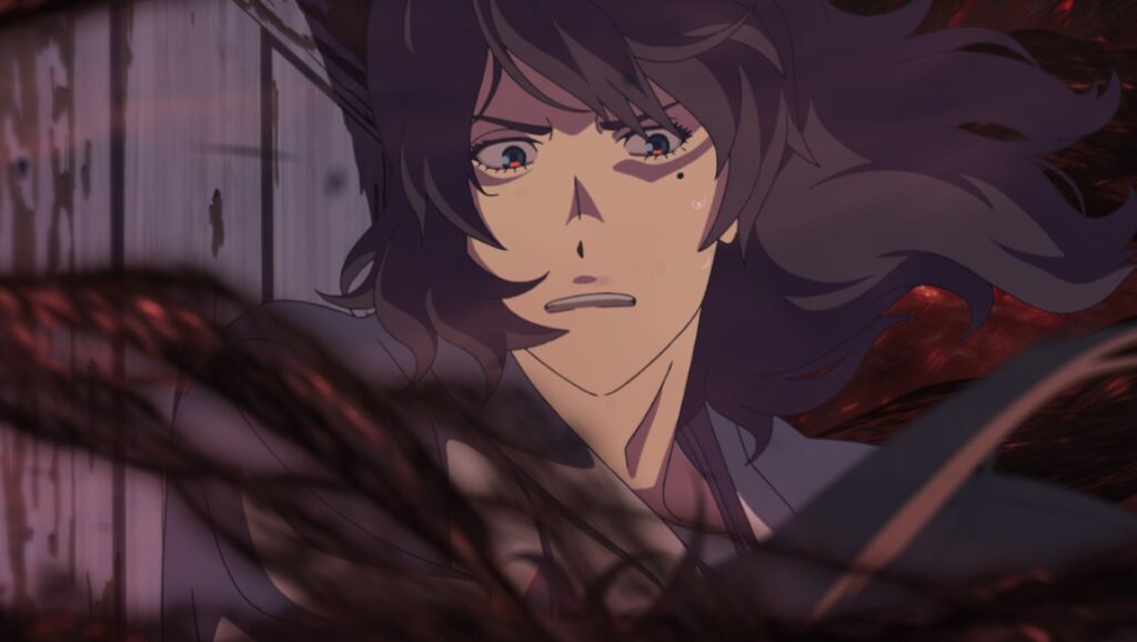 Anime character Suzume with a worried expression. Dark tendrils surround her. Crunchyroll.