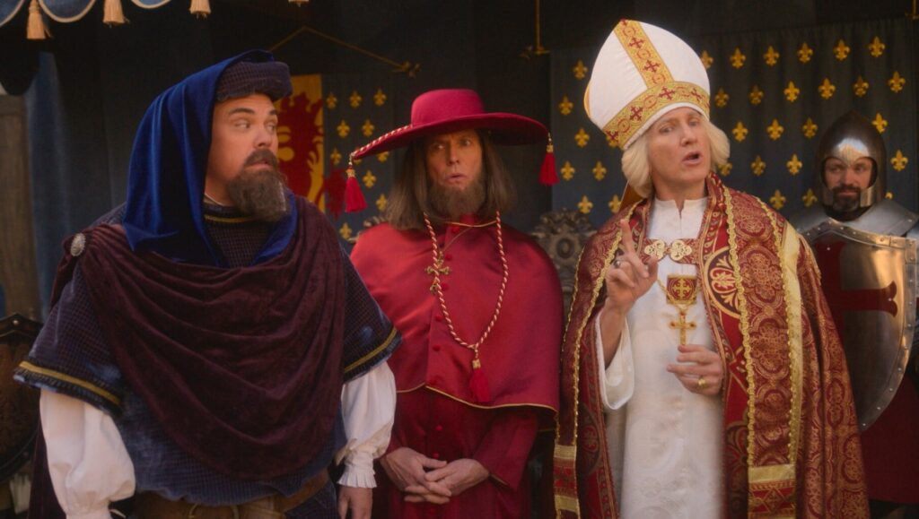 Quasi movie scene. Medieval characters in costume, including a bishop, a noble, and a knight. Comedy film.