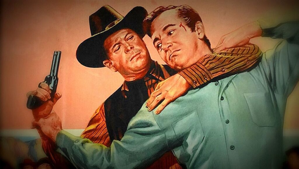 Silver Lode — Allan Dwan Movie poster of Silver Lode film. Cowboy with gun choking a man. Western movie scene.