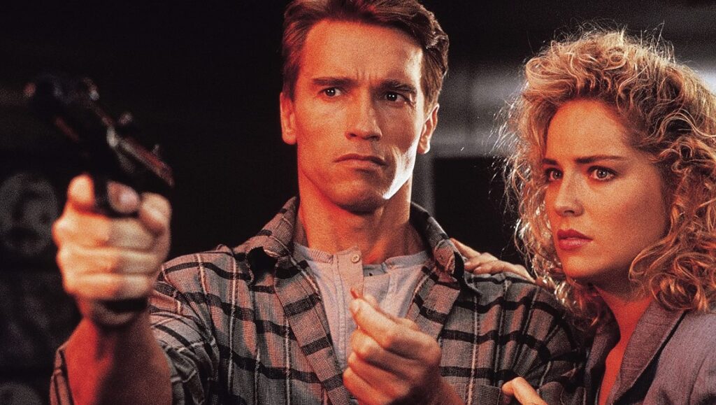 Total Recall — Paul Verhoeven Total Recall movie scene with Arnold Schwarzenegger and Sharon Stone. Action film.