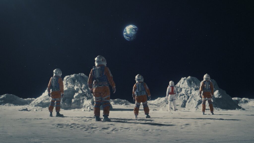 Crater — Kyle Patrick Alvarez Astronauts on the moon looking at Earth. Space exploration, lunar landscape.