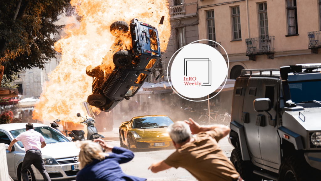 InRO Weekly magazine cover: Car explosion scene with people running for safety. Action movie concept.