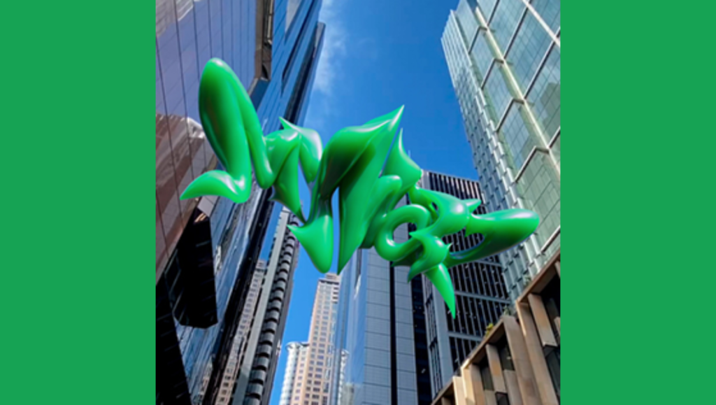 Aespa's My World album art. Green abstract shape in a city, skyscrapers, blue sky. K-pop music cover.