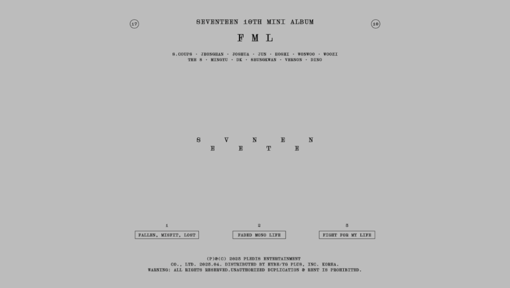 Seventeen — FML SEVENTEEN 10th Mini Album FML cover art. Features tracklist, artist names, and album title in a minimalist design.
