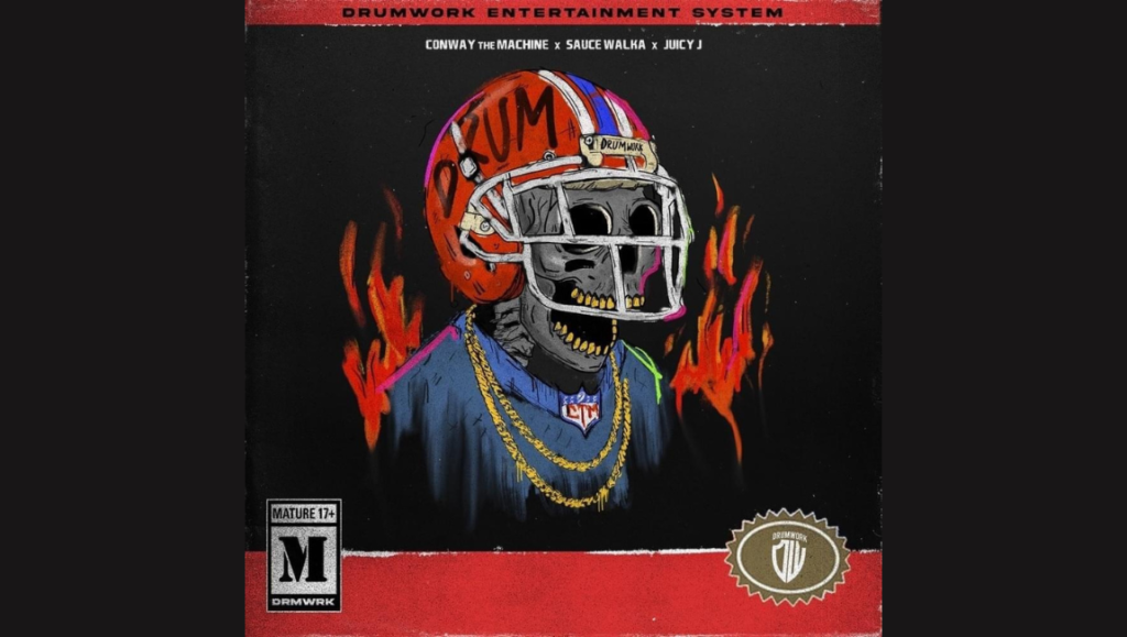 Conway the Machine Won't He Do It album cover. Skeleton in football helmet with flames.