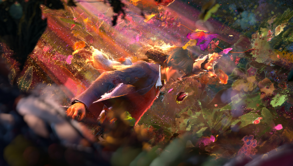 Deep Sea film still. Man in suit surrounded by colorful abstract floral elements. Tribeca Film Festival.