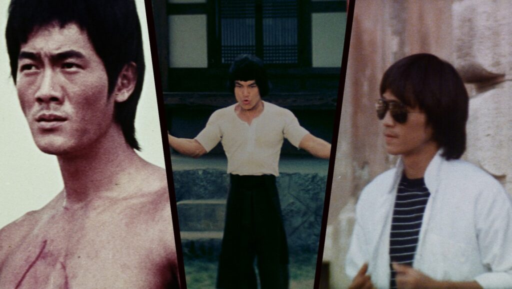 Martial arts film collage. Bruceploitation stars include Bruce Li, Bruce Le, and Bruce Liang. Kung fu movie actors.