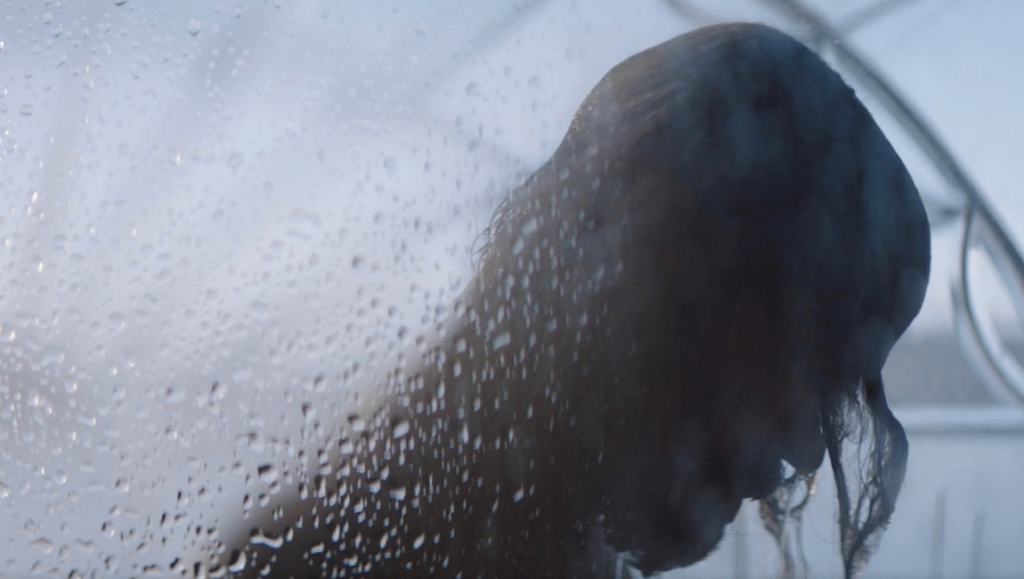 Woman in shower. Close-up of a person's silhouette behind a steamy glass door covered in water droplets.