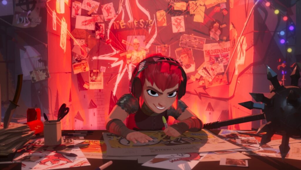 Nimona animated character drawing at a desk. Red hair, headphones, and villainous smirk. Nemesis poster on the wall.