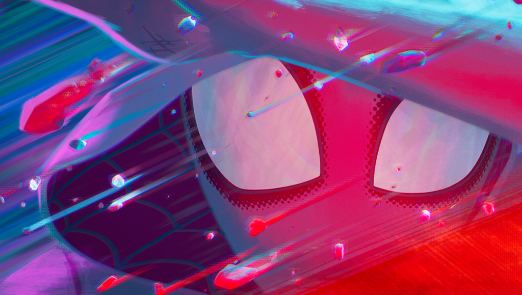 Close-up of Spider-Man's mask in Across the Spider-Verse, showcasing vibrant colors and dynamic animation style.