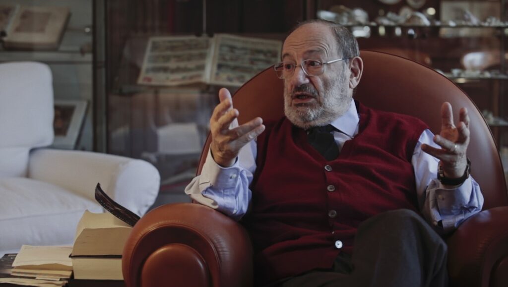 Umberto Eco, author, seated in chair. Eco discusses The Room by Tommy Wiseau.