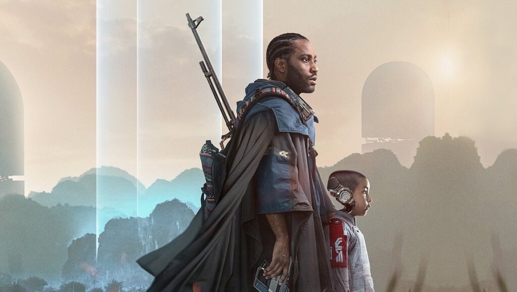 The Creator — Gareth Edwards The Creator movie poster: Man with rifle and child in futuristic landscape. Gareth Edwards film.