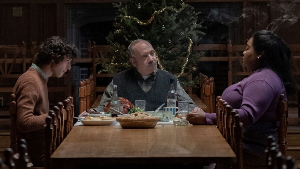 The Holdovers at TIFF 2023. Paul Giamatti stars in a scene at a dining table with a Christmas tree.