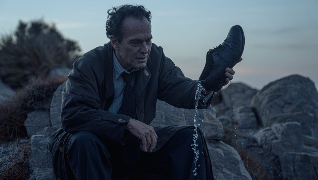 Víctor Erice's Close Your Eyes film still. Man holds a water-filled shoe, sitting on rocks. NYFF61.