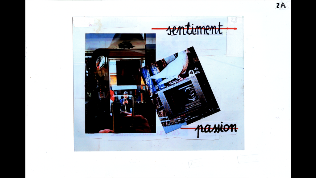 Jean-Luc Godard's Phony Wars film still. Features sentiment, passion, a white dove, and layered images.