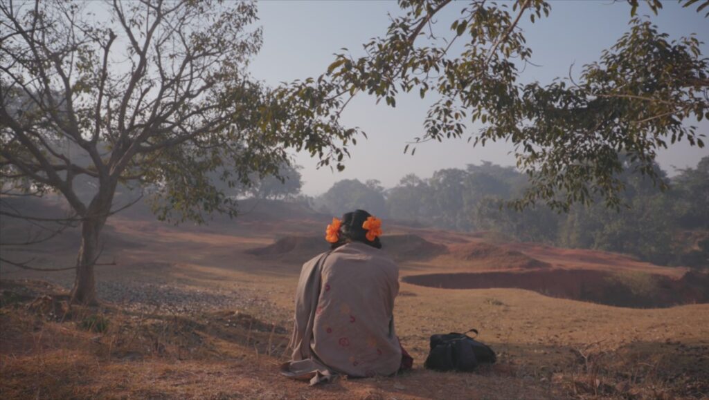 To Kill a Tiger — Nisha Pahuja Still from To Kill a Tiger by Nisha Pahuja. Woman with flowers in hair sits in a field.